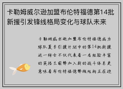 卡勒姆威尔逊加盟布伦特福德第14批新援引发锋线格局变化与球队未来